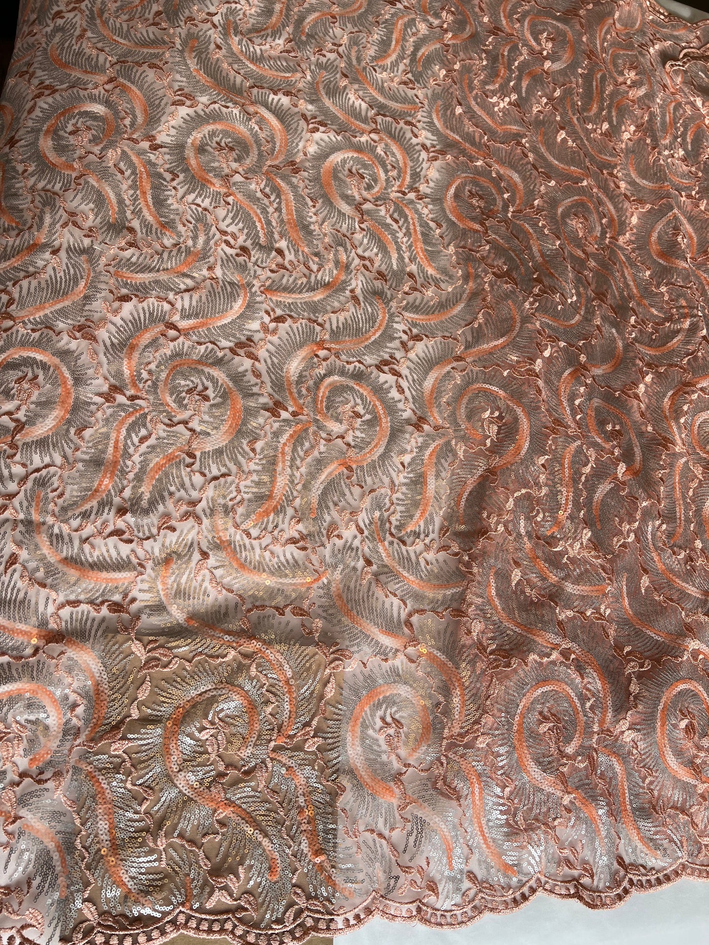Peach Sequins Lace Fabric