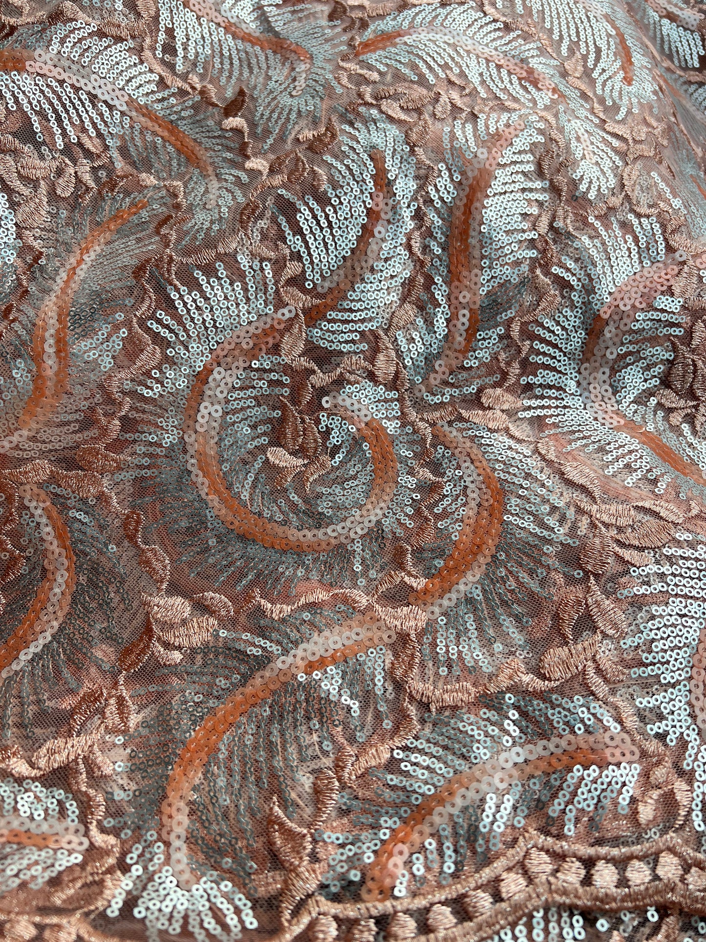Peach Sequins Lace Fabric
