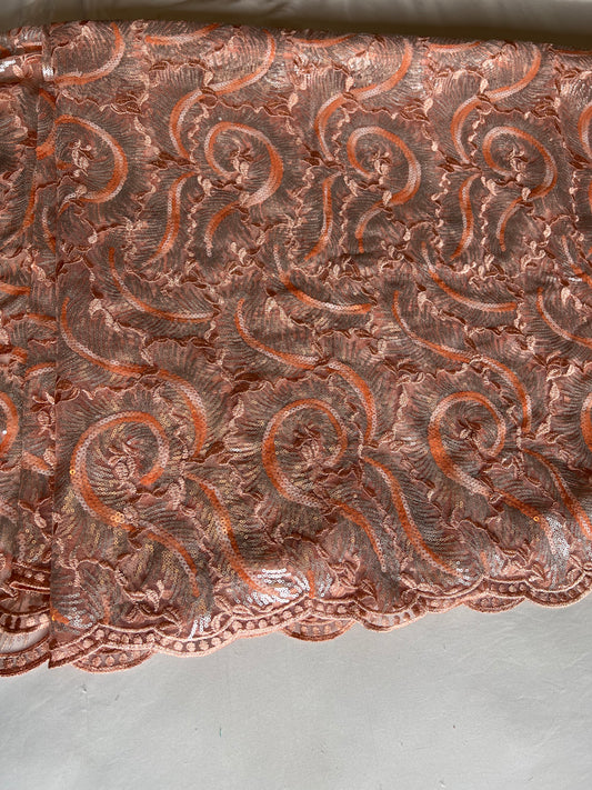 Peach Sequins Lace Fabric
